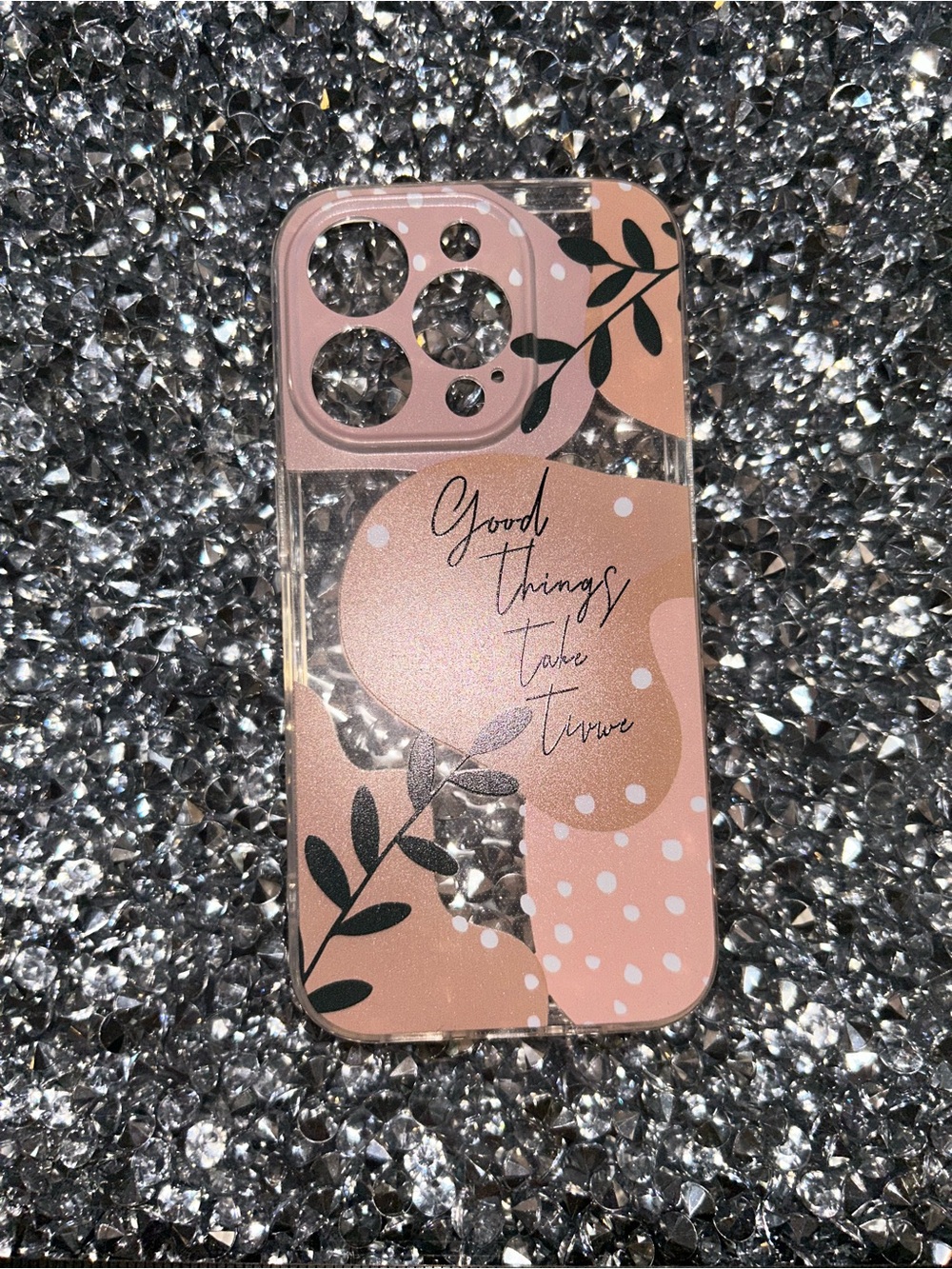 iPhone 15 pro Pink Decorative Phone Case with Script & Leaf Design